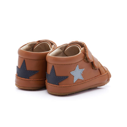 Old Soles 0116RT Bopstar kids leather sneaker in Tan and Navy and Dusty Blue with star detail