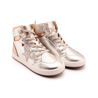 Old Soles 1003 Starling kids leather sneaker in Silver, Copper, and Glam Argent with classic detail
