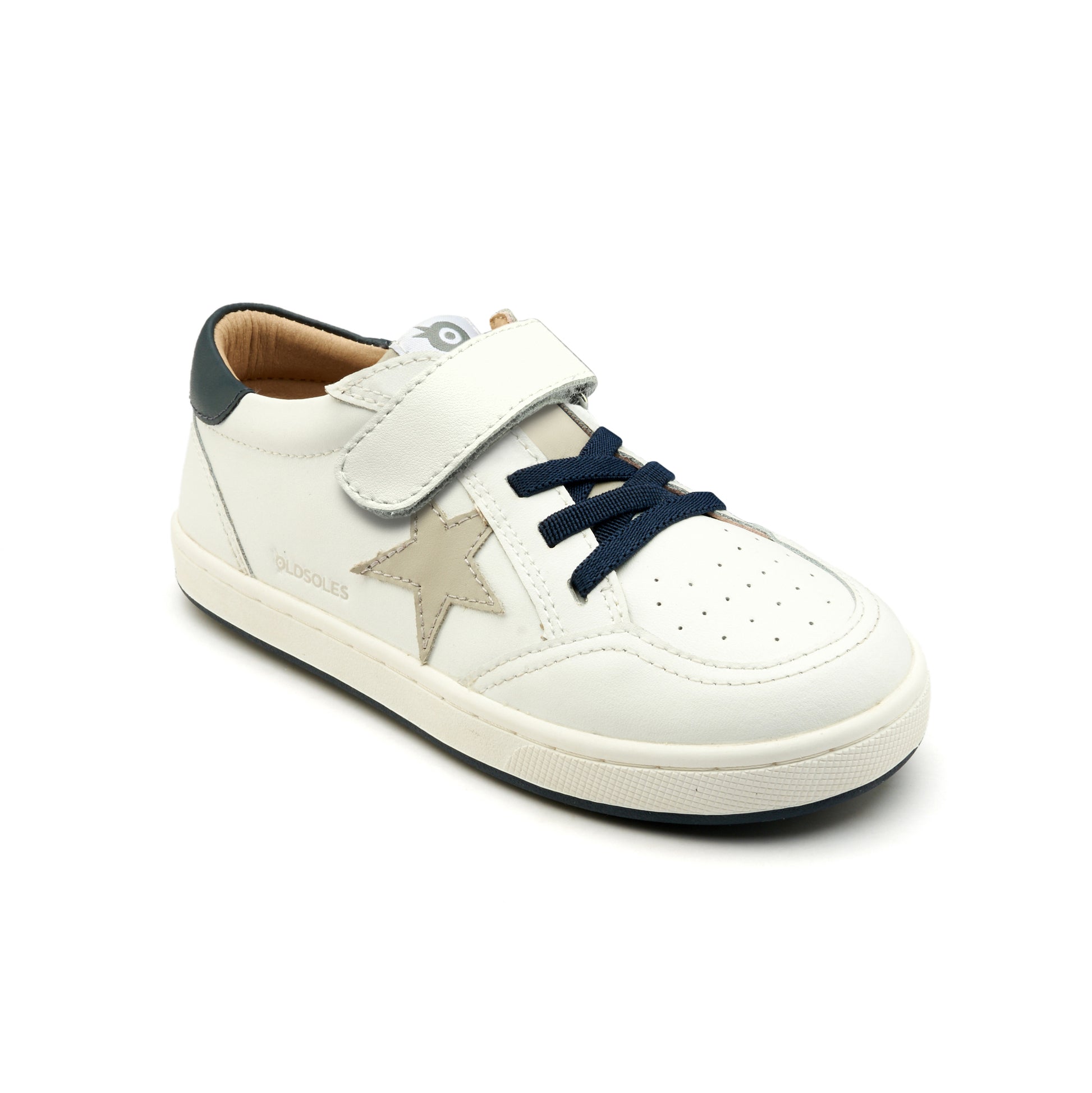 Old Soles 1006S Platinum Runner kids leather sneaker in Snow, Gris, and Navy with star detail