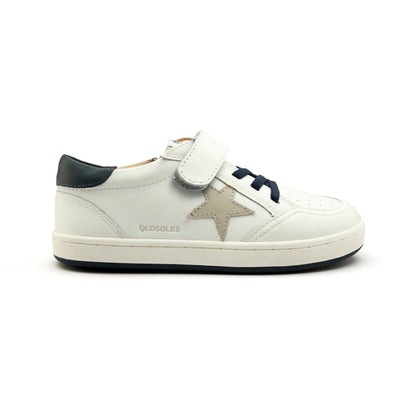 Old Soles 1006S Platinum Runner kids leather sneaker in Snow, Gris, and Navy with star detail