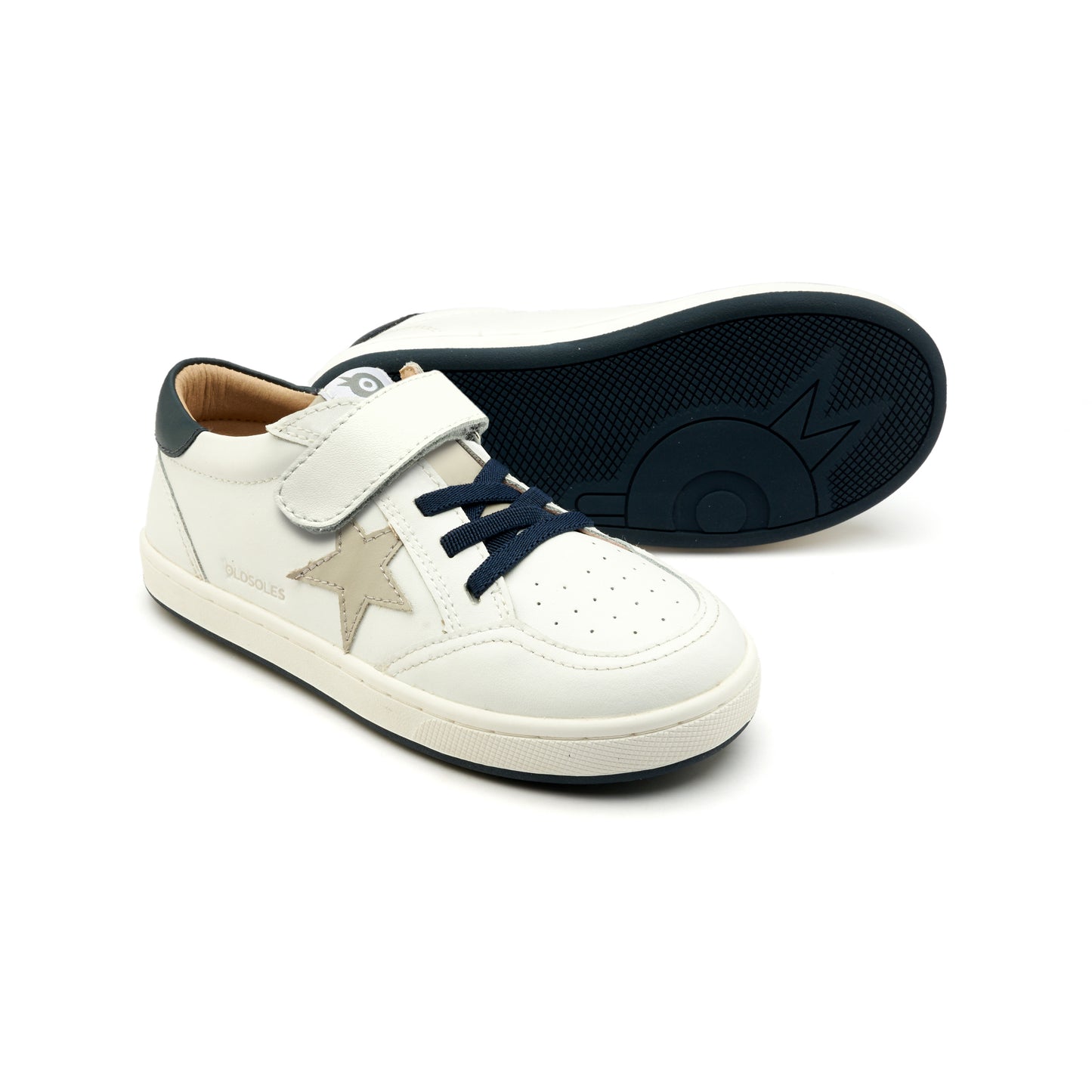Old Soles 1006S Platinum Runner kids leather sneaker in Snow, Gris, and Navy with star detail