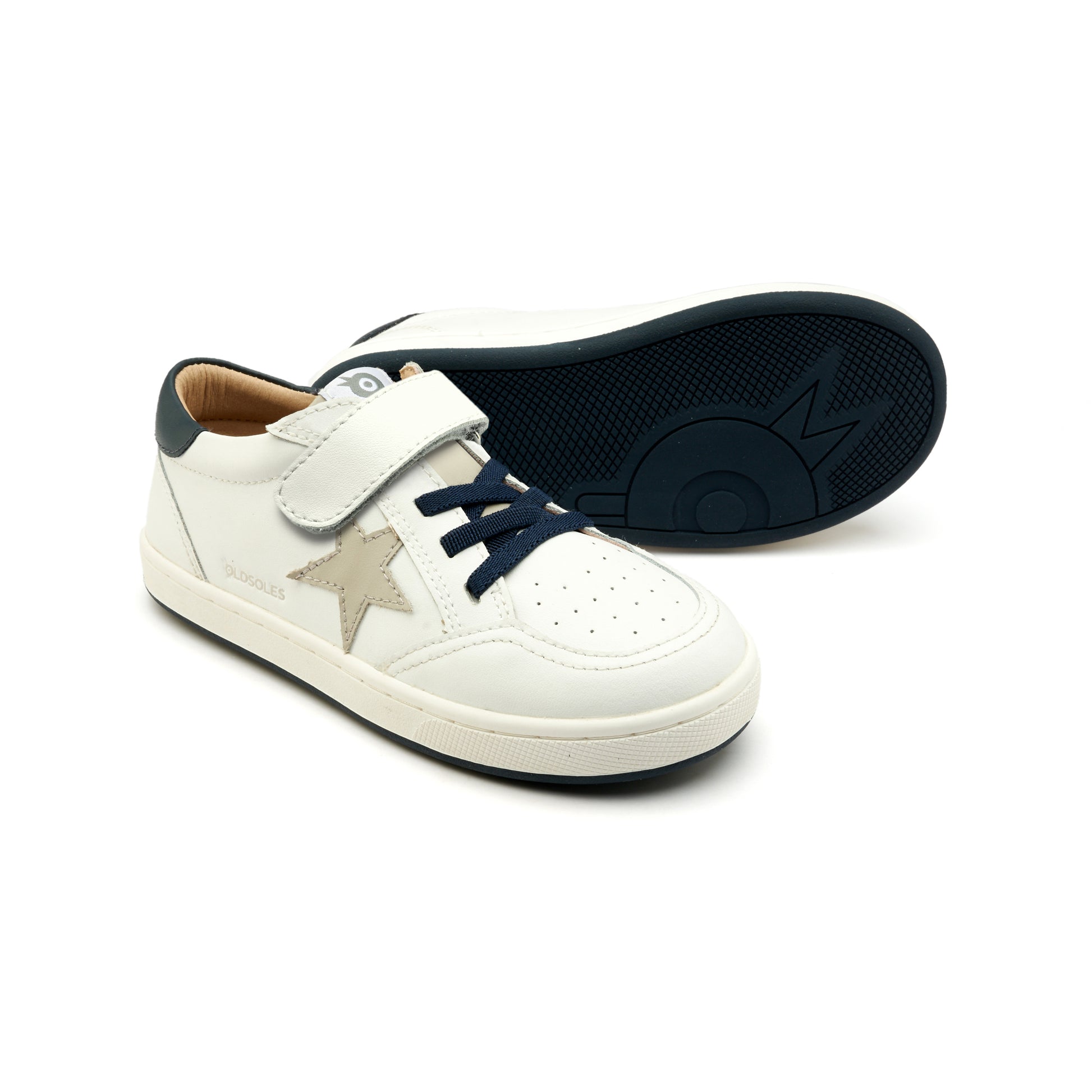 Old Soles 1006S Platinum Runner kids leather sneaker in Snow, Gris, and Navy with star detail