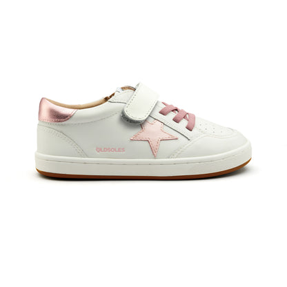 Old Soles 1006S Platinum Runner kids leather sneaker in Snow, Nacardo Dalia, and Pink Frost with star detail