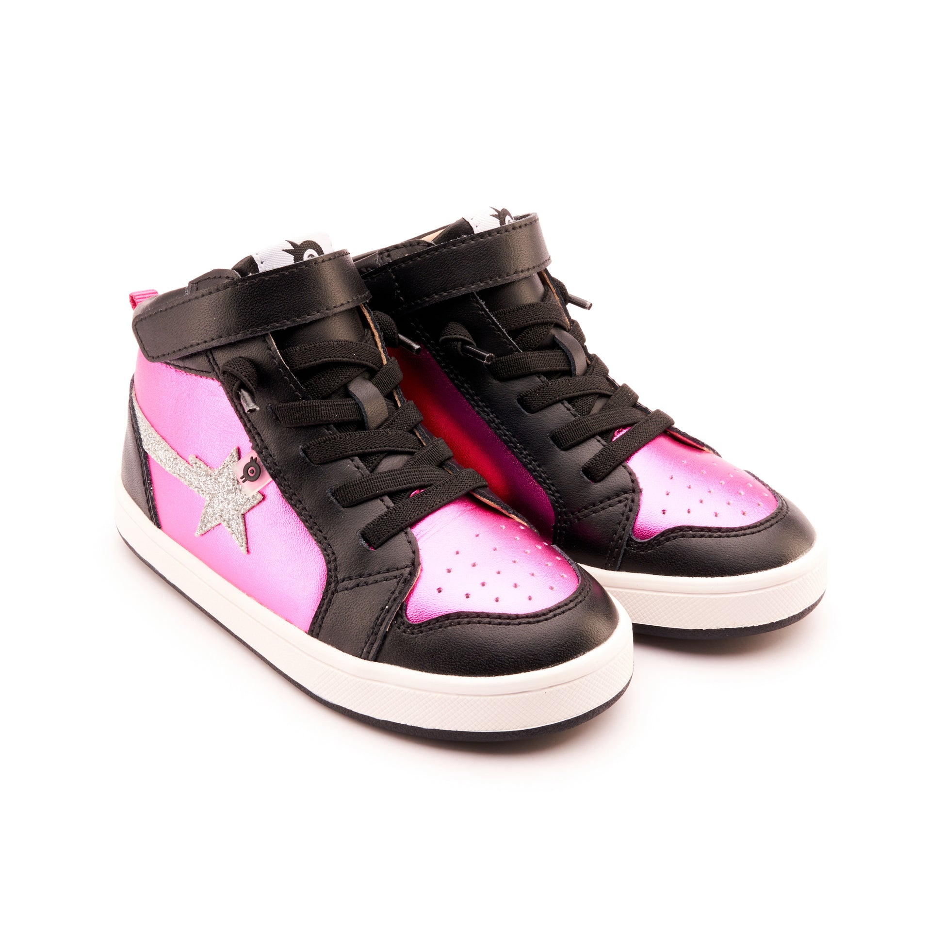 Old Soles 1007 Team-Star kids leather sneaker in Fuchsia Foil and Glam Argent and Black with sporty detail