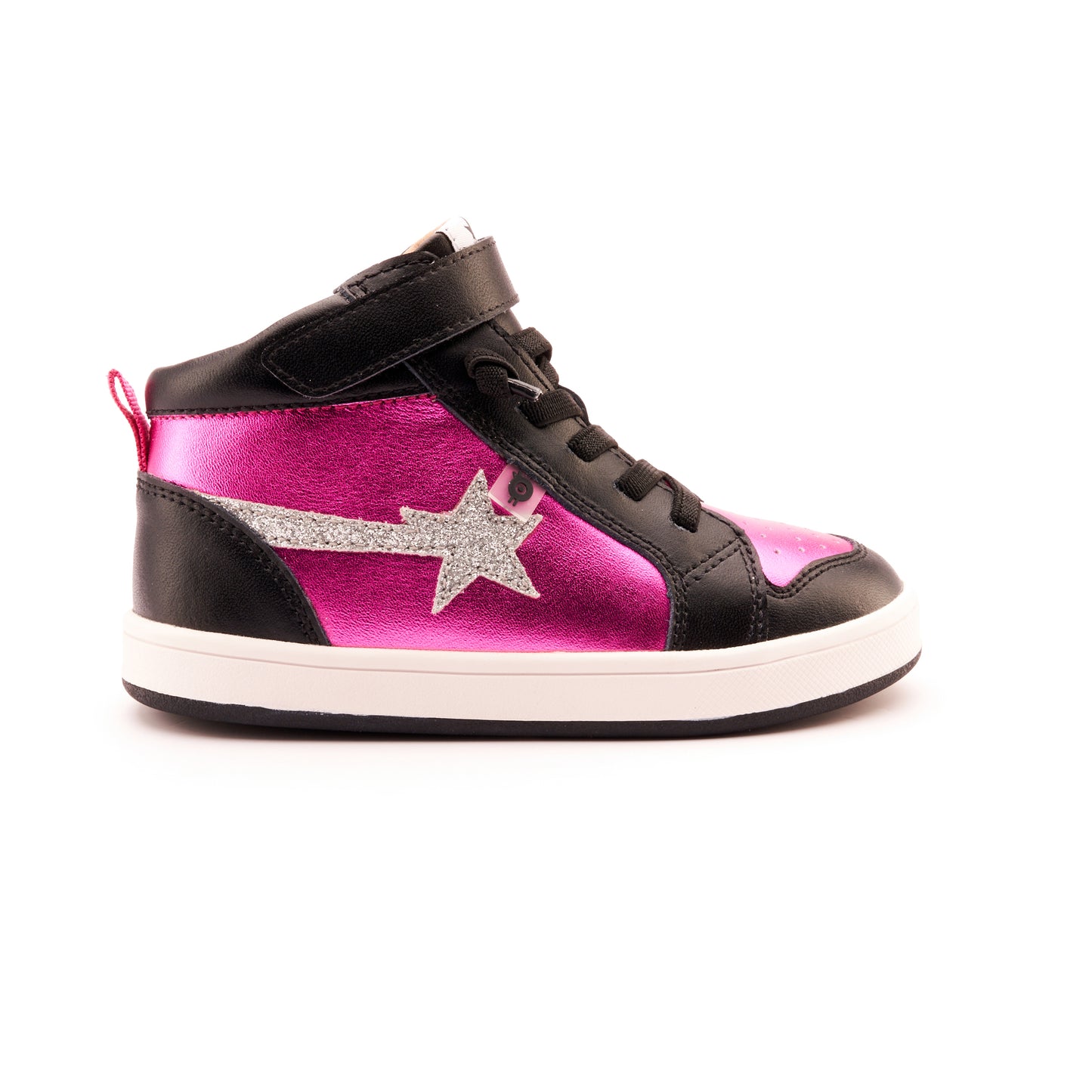 Old Soles 1007 Team-Star kids leather sneaker in Fuchsia Foil and Glam Argent and Black with sporty detail