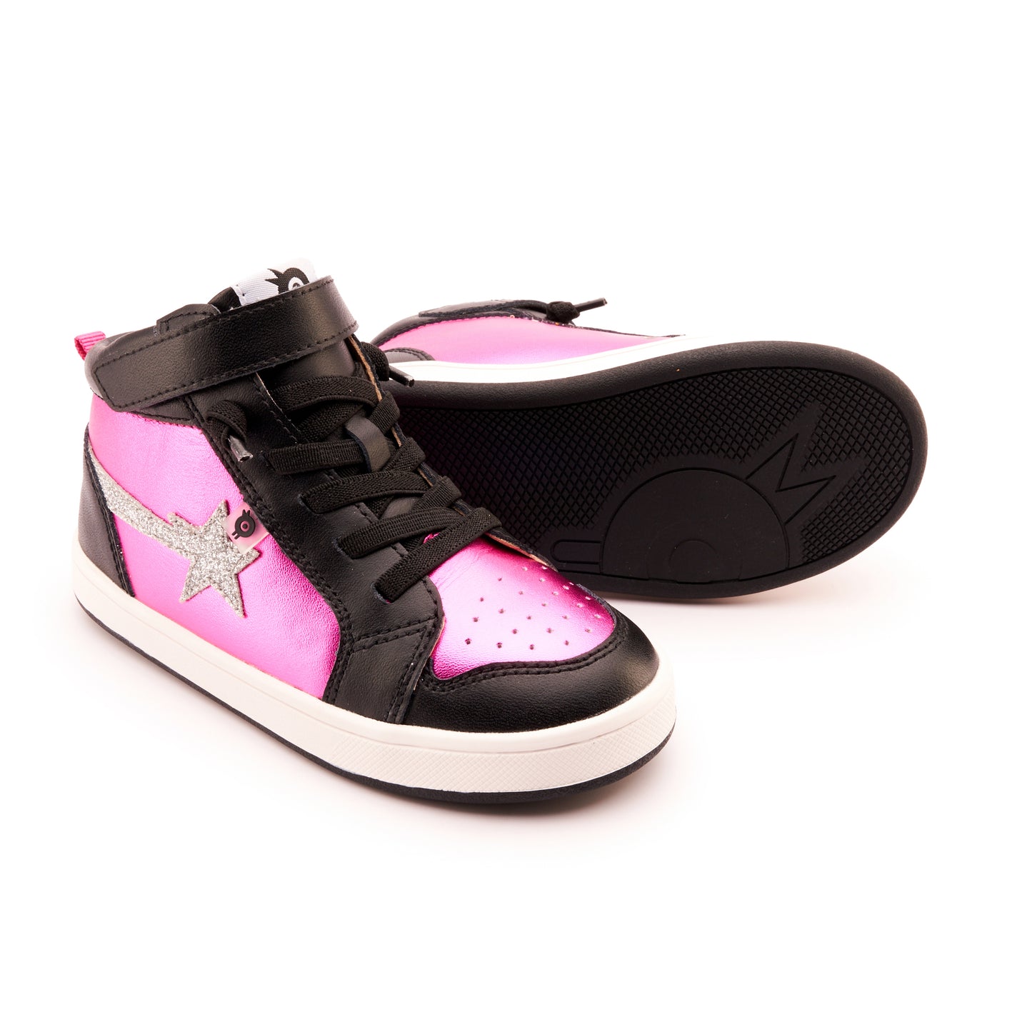 Old Soles 1007 Team-Star kids leather sneaker in Fuchsia Foil and Glam Argent and Black with sporty detail