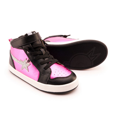 Old Soles 1007 Team-Star kids leather sneaker in Fuchsia Foil and Glam Argent and Black with sporty detail