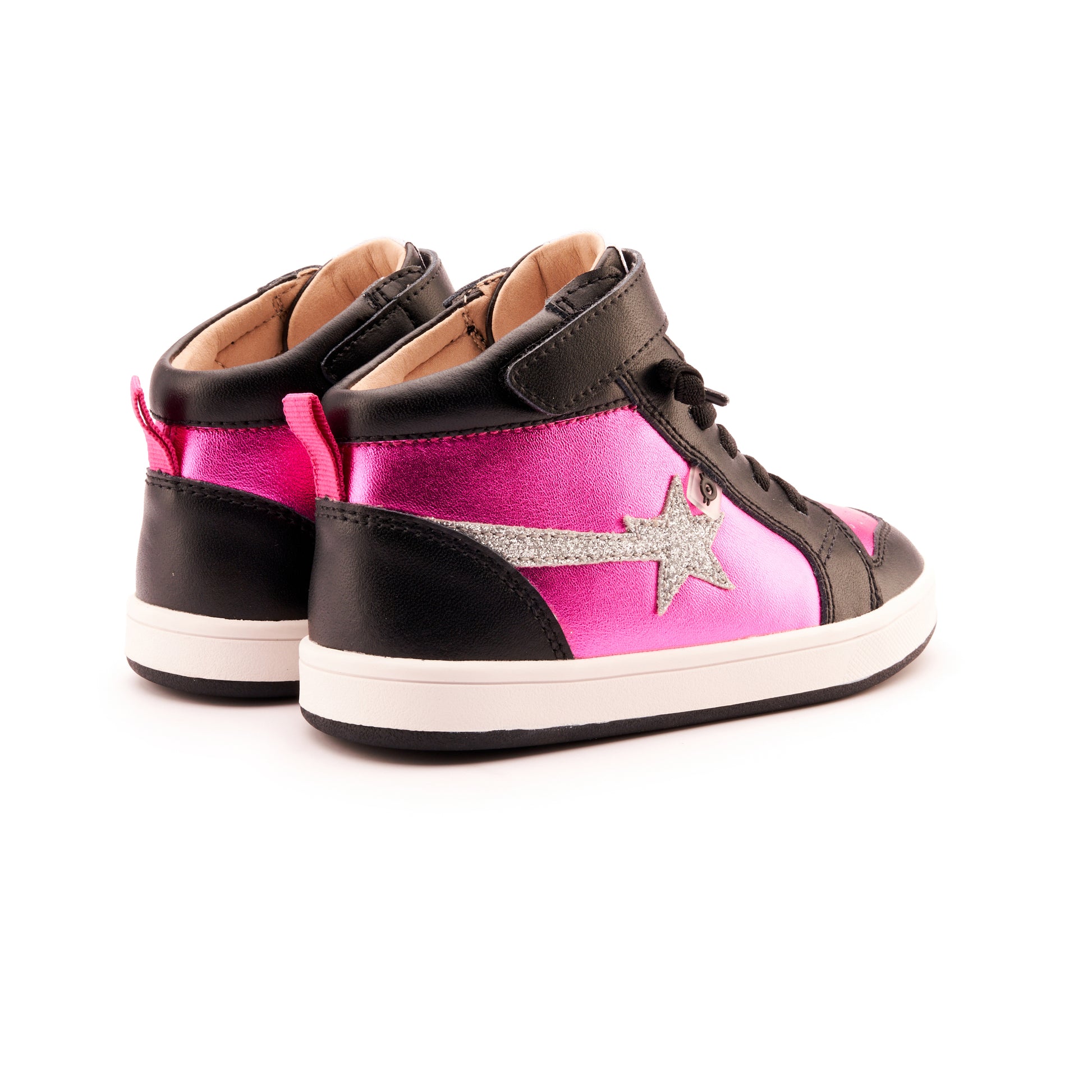 Old Soles 1007 Team-Star kids leather sneaker in Fuchsia Foil and Glam Argent and Black with sporty detail