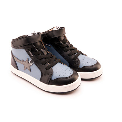 Old Soles 1007 Team-Star kids leather sneaker in Indigo and Grey and Black and White Black Sole with sporty detail