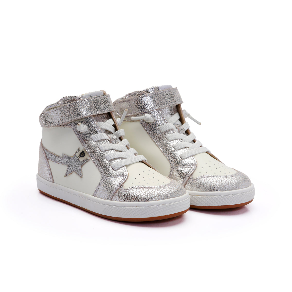 Old Soles 1007 Team-Star kids leather sneaker in White and Silver Crackle and Glam Argent with sporty detail