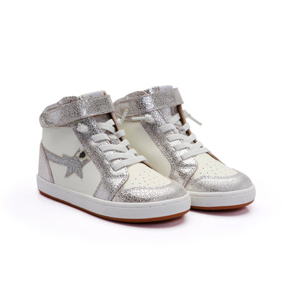 Old Soles 1007 Team-Star kids leather sneaker in White and Silver Crackle and Glam Argent with sporty detail
