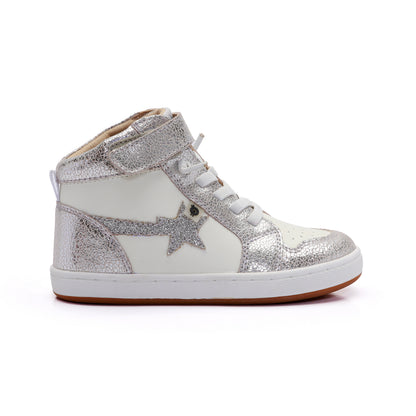 Old Soles 1007 Team-Star kids leather sneaker in White and Silver Crackle and Glam Argent with sporty detail