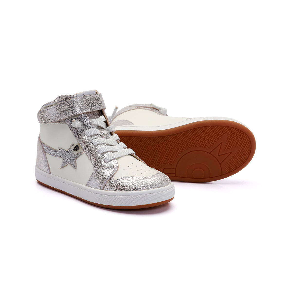 Old Soles 1007 Team-Star kids leather sneaker in White and Silver Crackle and Glam Argent with sporty detail