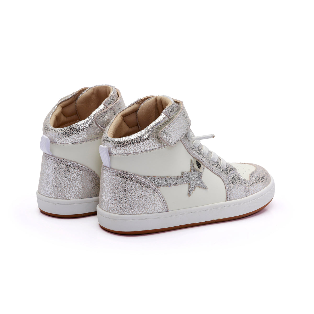 Old Soles 1007 Team-Star kids leather sneaker in White and Silver Crackle and Glam Argent with sporty detail