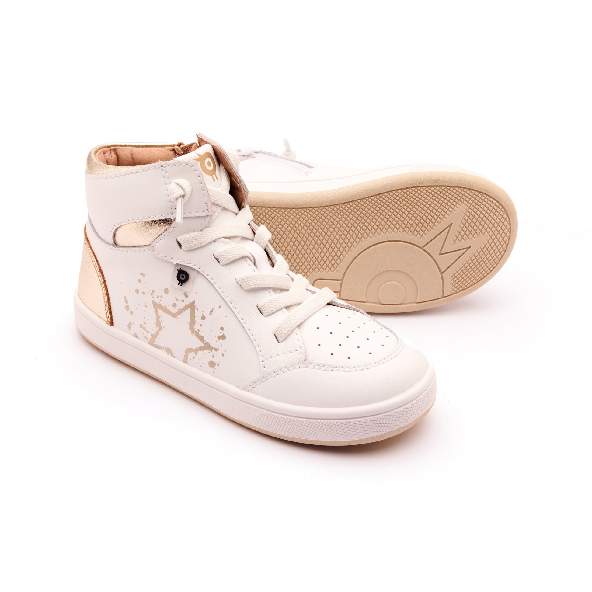 Old Soles 1013 High Splash kids leather shoe in Snow and Gold and White Gold Sole with splash design