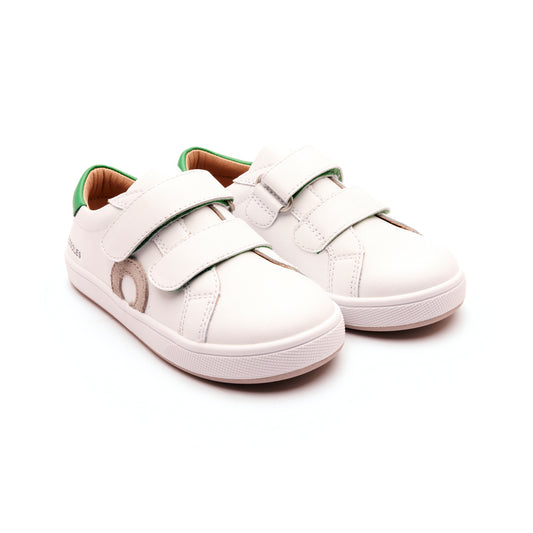 Old Soles 1018 Oldsoles Kix kids leather sneaker in Snow, Neon Green, Gris, and White Gris Sole with sporty detail