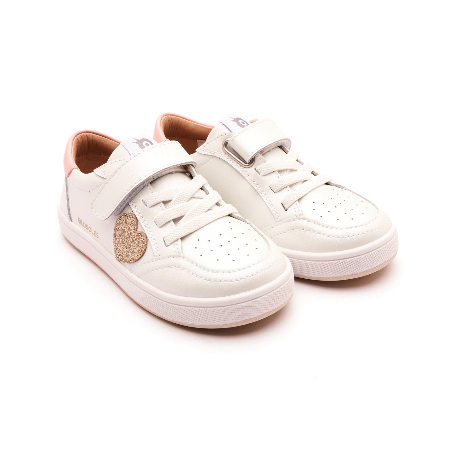 Old Soles 1020 Razzle Runner kids leather sneaker in Nacardo Blanco, Cipria, Glam Gold, and White Gold Sole with sporty detail