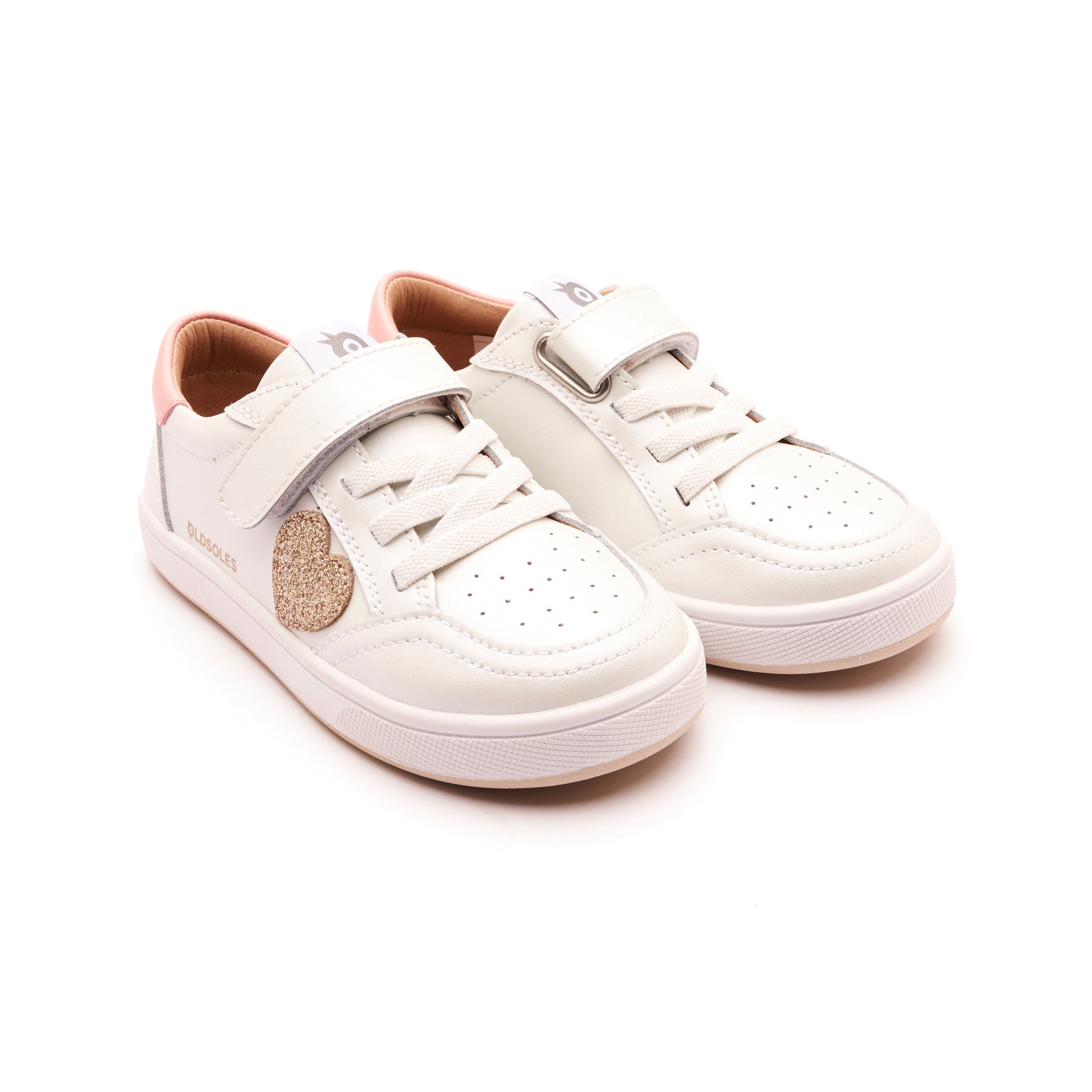 Old Soles 1020 Razzle Runner kids leather sneaker in Nacardo Blanco, Cipria, Glam Gold, and White Gold Sole with sporty detail