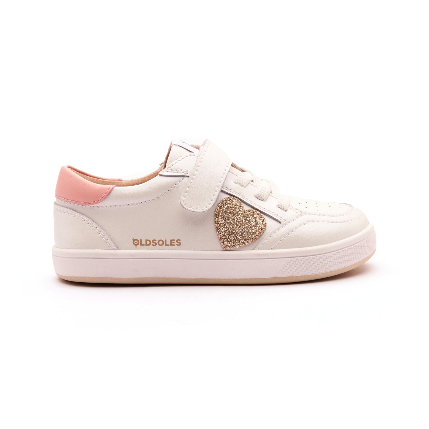 Old Soles 1020 Razzle Runner kids leather sneaker in Nacardo Blanco, Cipria, Glam Gold, and White Gold Sole with sporty detail
