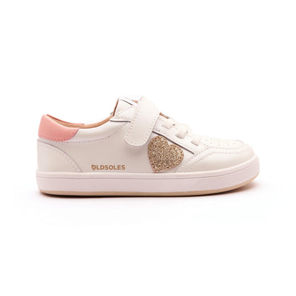 Old Soles 1020 Razzle Runner kids leather sneaker in Nacardo Blanco, Cipria, Glam Gold, and White Gold Sole with sporty detail