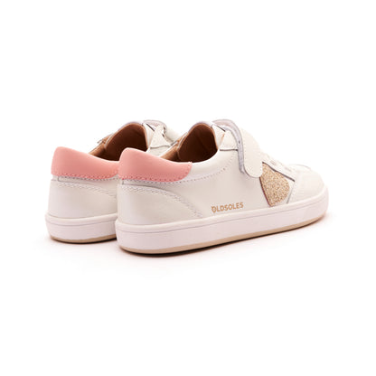 Old Soles 1020 Razzle Runner kids leather sneaker in Nacardo Blanco, Cipria, Glam Gold, and White Gold Sole with sporty detail