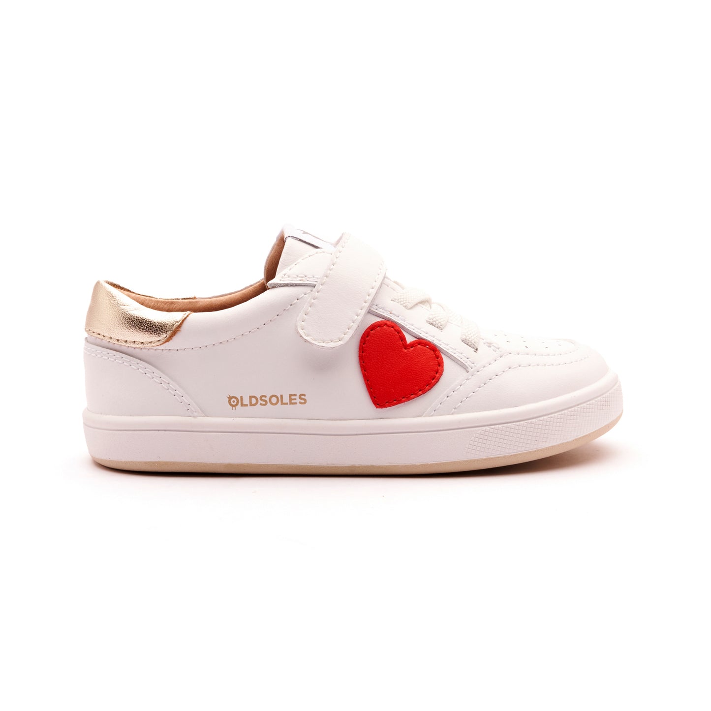 Old Soles 1020 Razzle Runner kids leather sneaker in Snow, Gold, Bright Red, and White Gold Sole with sporty detail