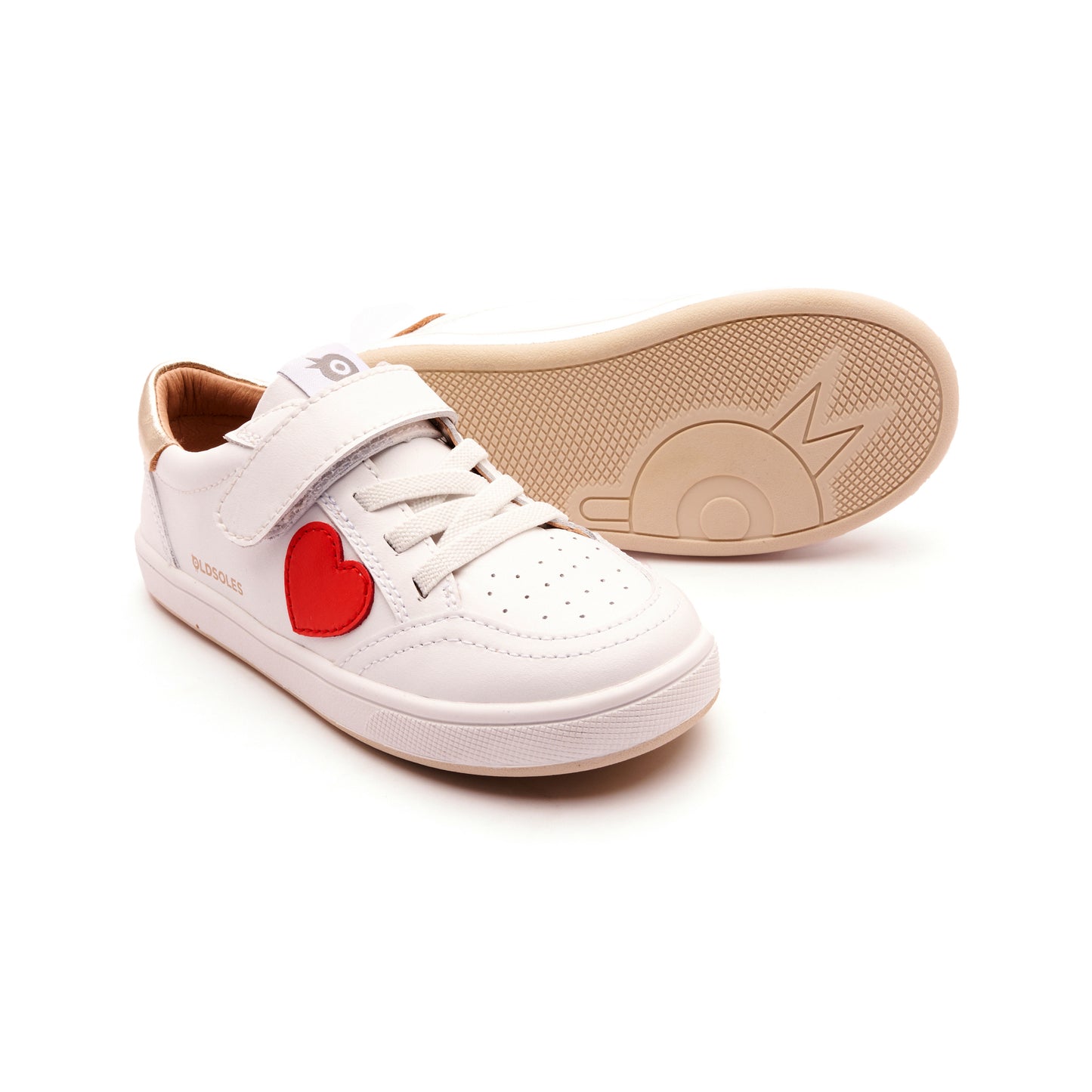 Old Soles 1020 Razzle Runner kids leather sneaker in Snow, Gold, Bright Red, and White Gold Sole with sporty detail