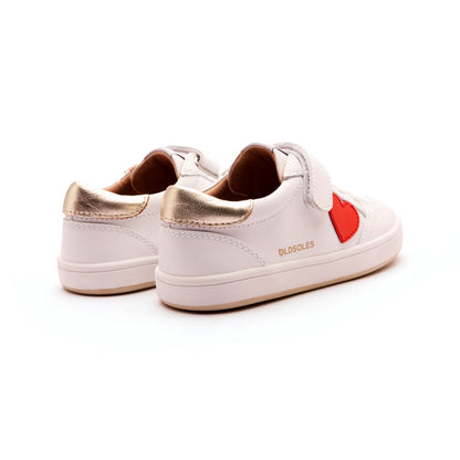 Old Soles 1020 Razzle Runner kids leather sneaker in Snow, Gold, Bright Red, and White Gold Sole with sporty detail