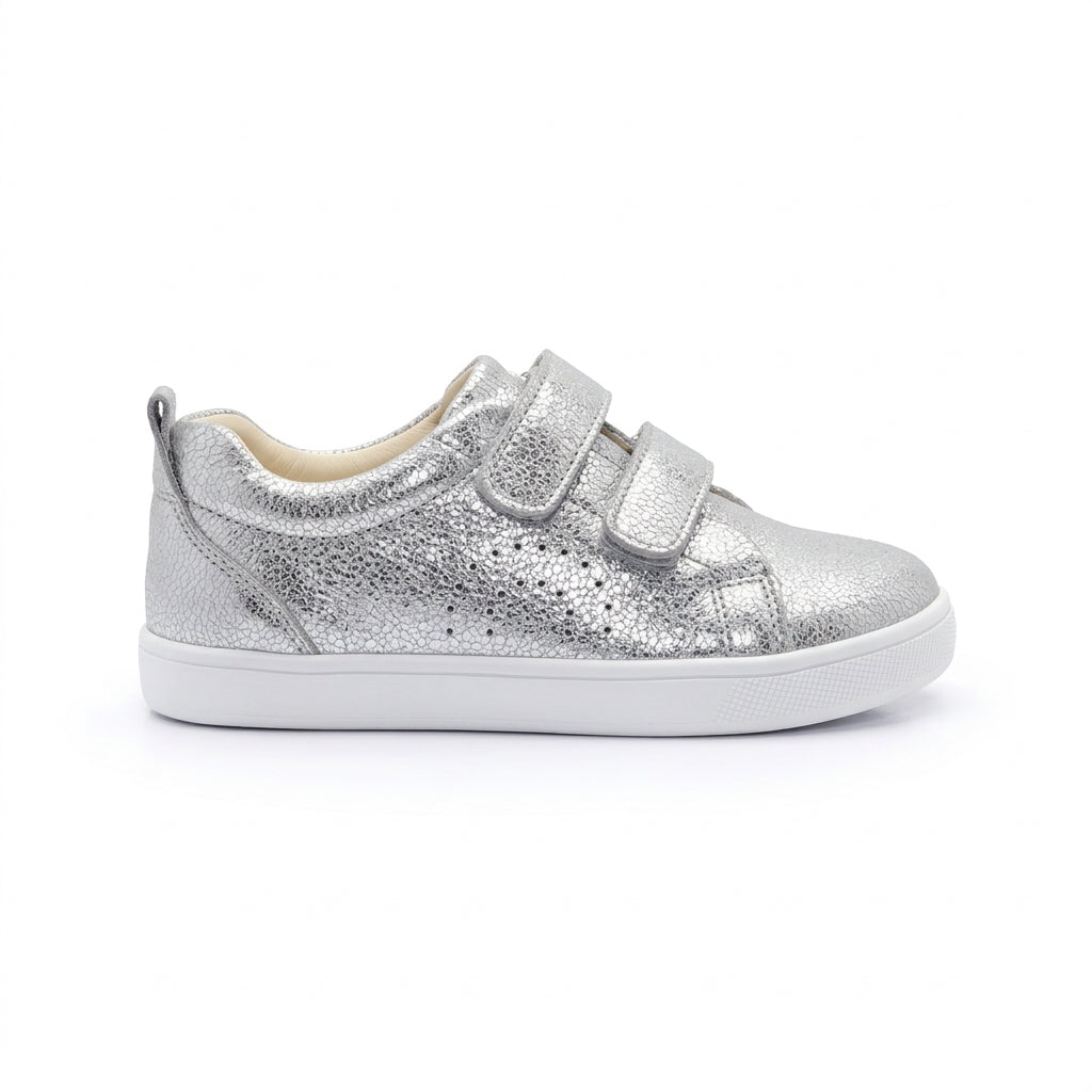 Old Soles 1021 Big Tot kids leather shoe in Silver Crackle with velcro strap detail