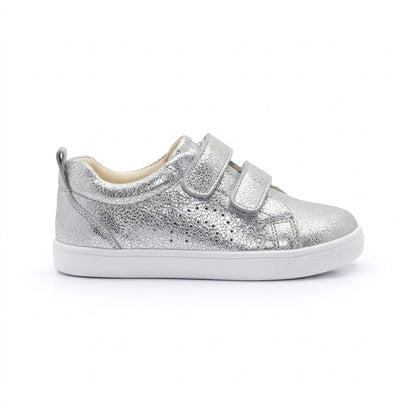 Old Soles 1021 Big Tot kids leather shoe in Silver Crackle with velcro strap detail