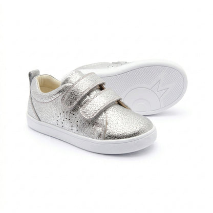 Old Soles 1021 Big Tot kids leather shoe in Silver Crackle with velcro strap detail