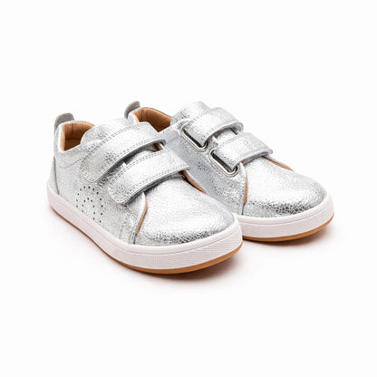 Old Soles 1021 Big Tot kids leather shoe in Silver Crackle with velcro strap detail
