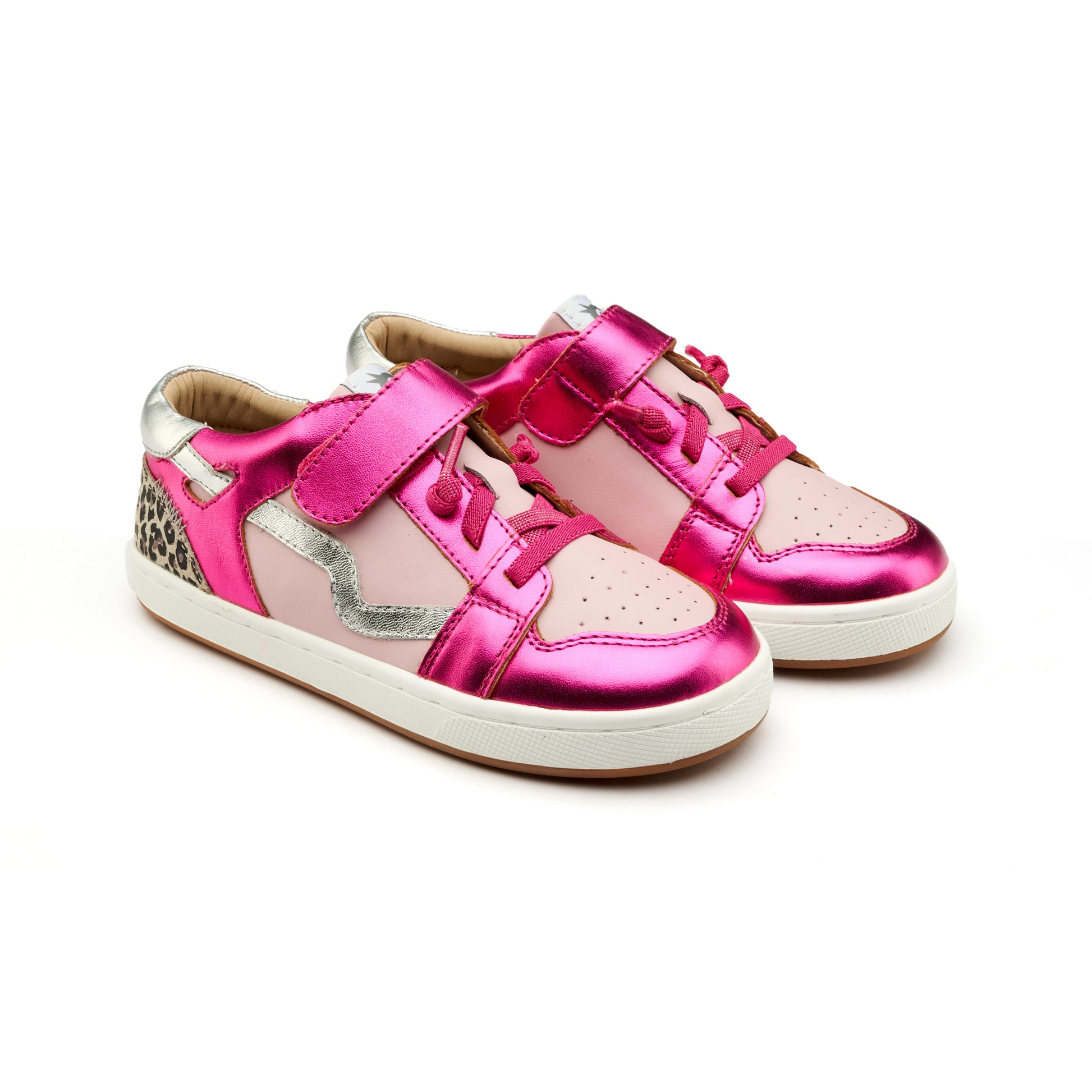 Old Soles 1046 Field Runner kids leather sneaker in Fuchsia Foil and Chalk Pink with sporty detail