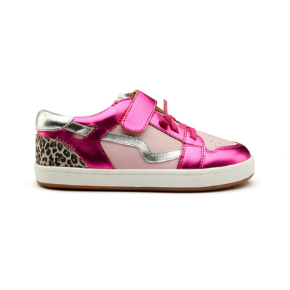 Old Soles 1046 Field Runner kids leather sneaker in Fuchsia Foil and Chalk Pink with sporty detail