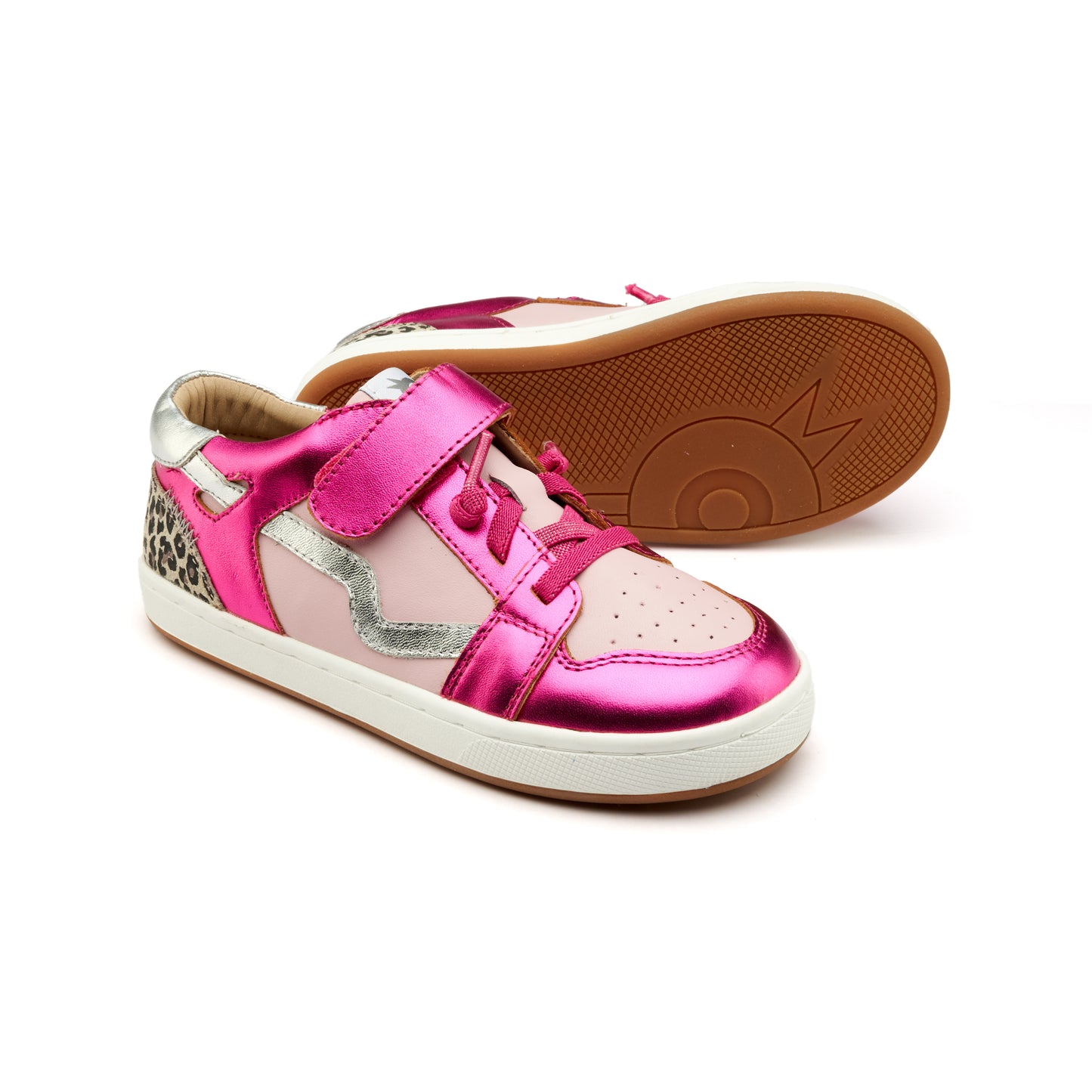 Old Soles 1046 Field Runner kids leather sneaker in Fuchsia Foil and Chalk Pink with sporty detail