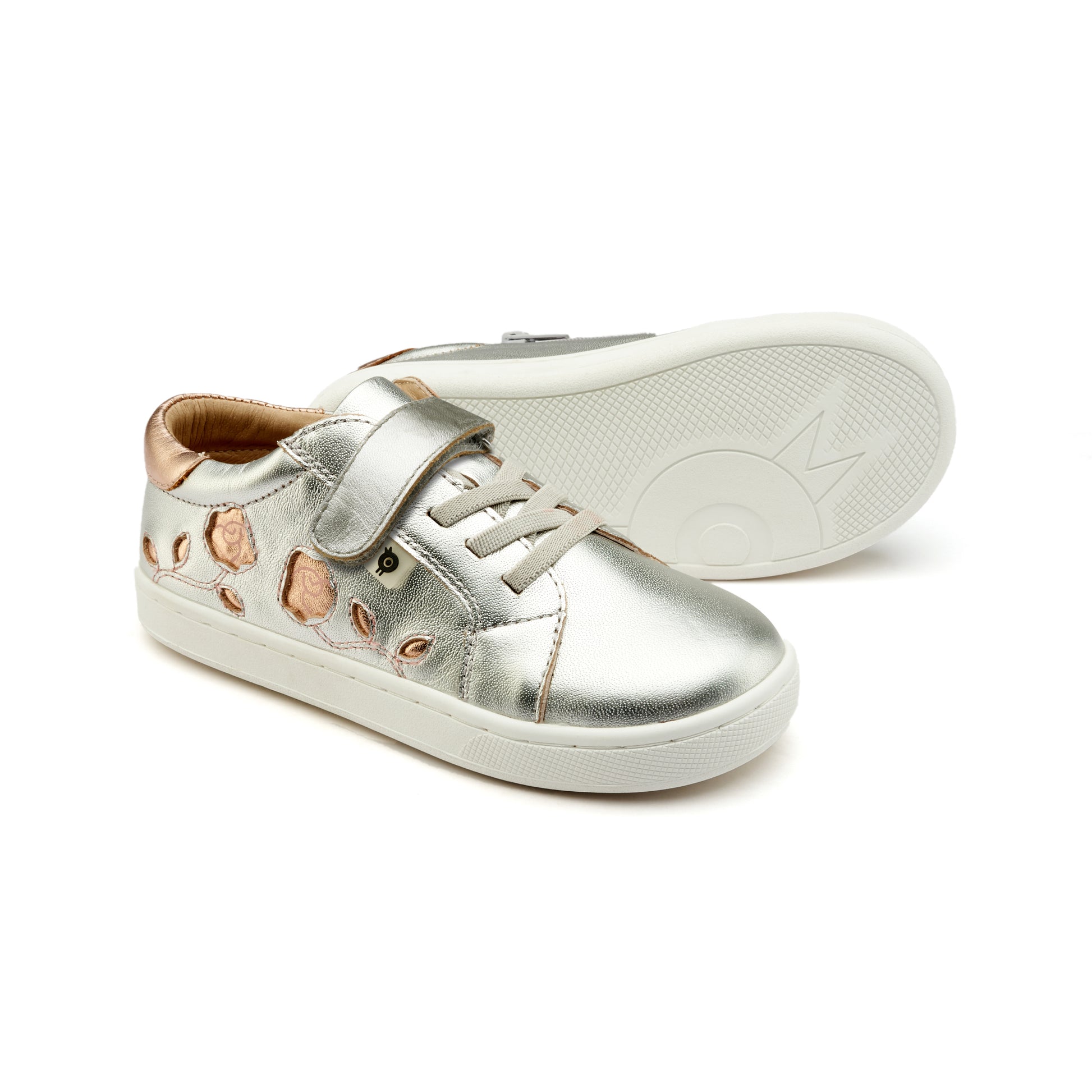 Old Soles 1071 Posie kids leather sneaker in Silver and Copper with floral detail