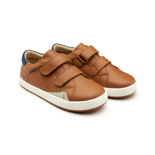 Old Soles 1073 Blade Kix kids leather sneaker in Tan and Denim and Gris with sporty detail