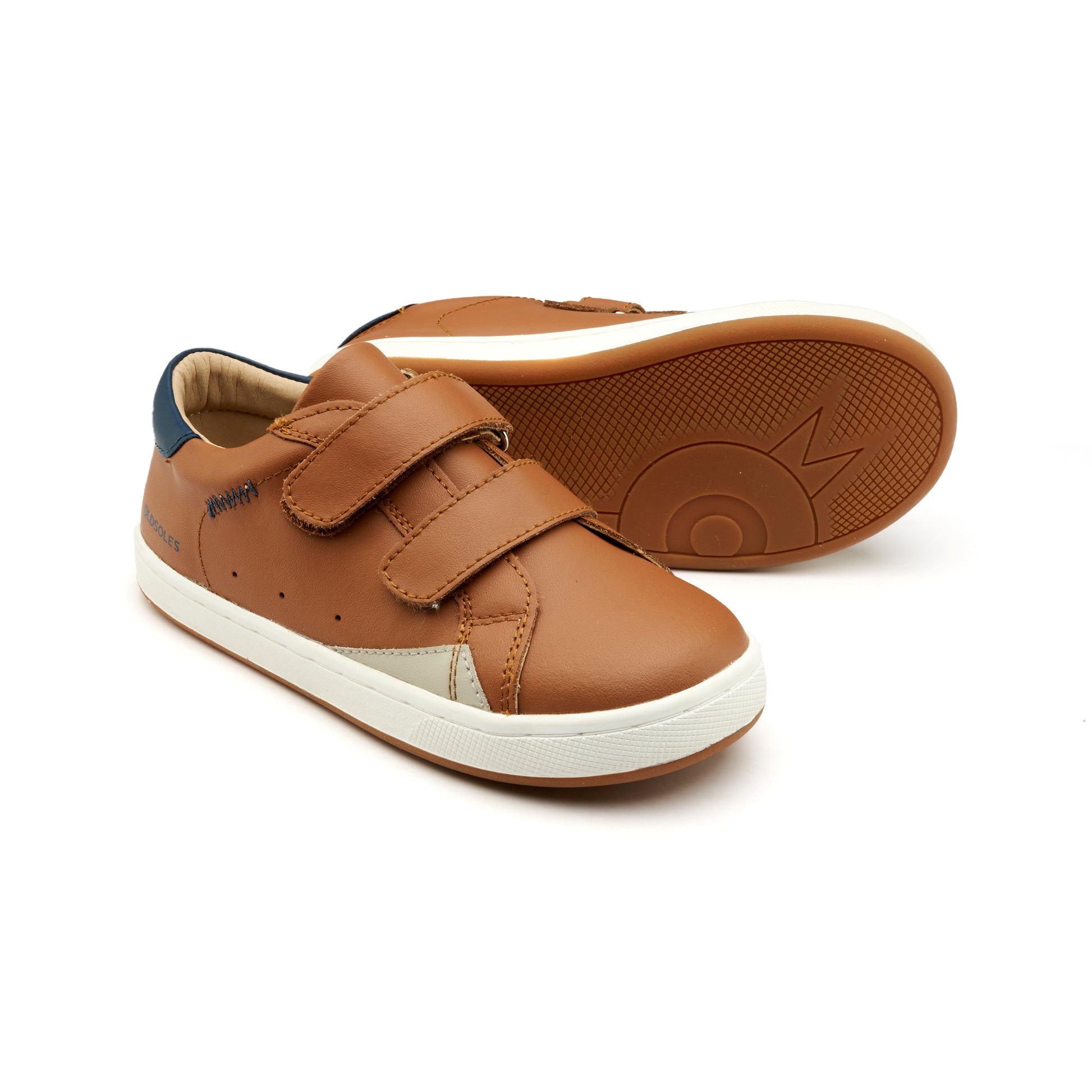 Old Soles 1073 Blade Kix kids leather sneaker in Tan and Denim and Gris with sporty detail