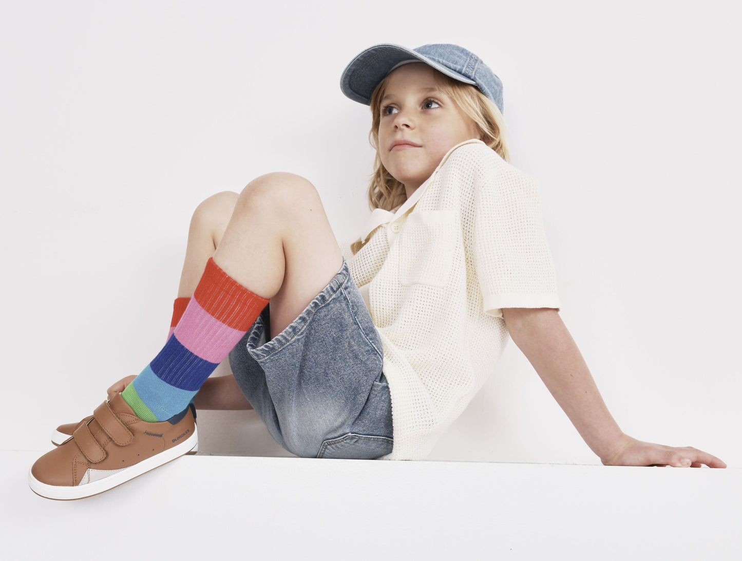 Old Soles 1073 Blade Kix kids leather sneaker in Tan Denim 1 with sporty detail