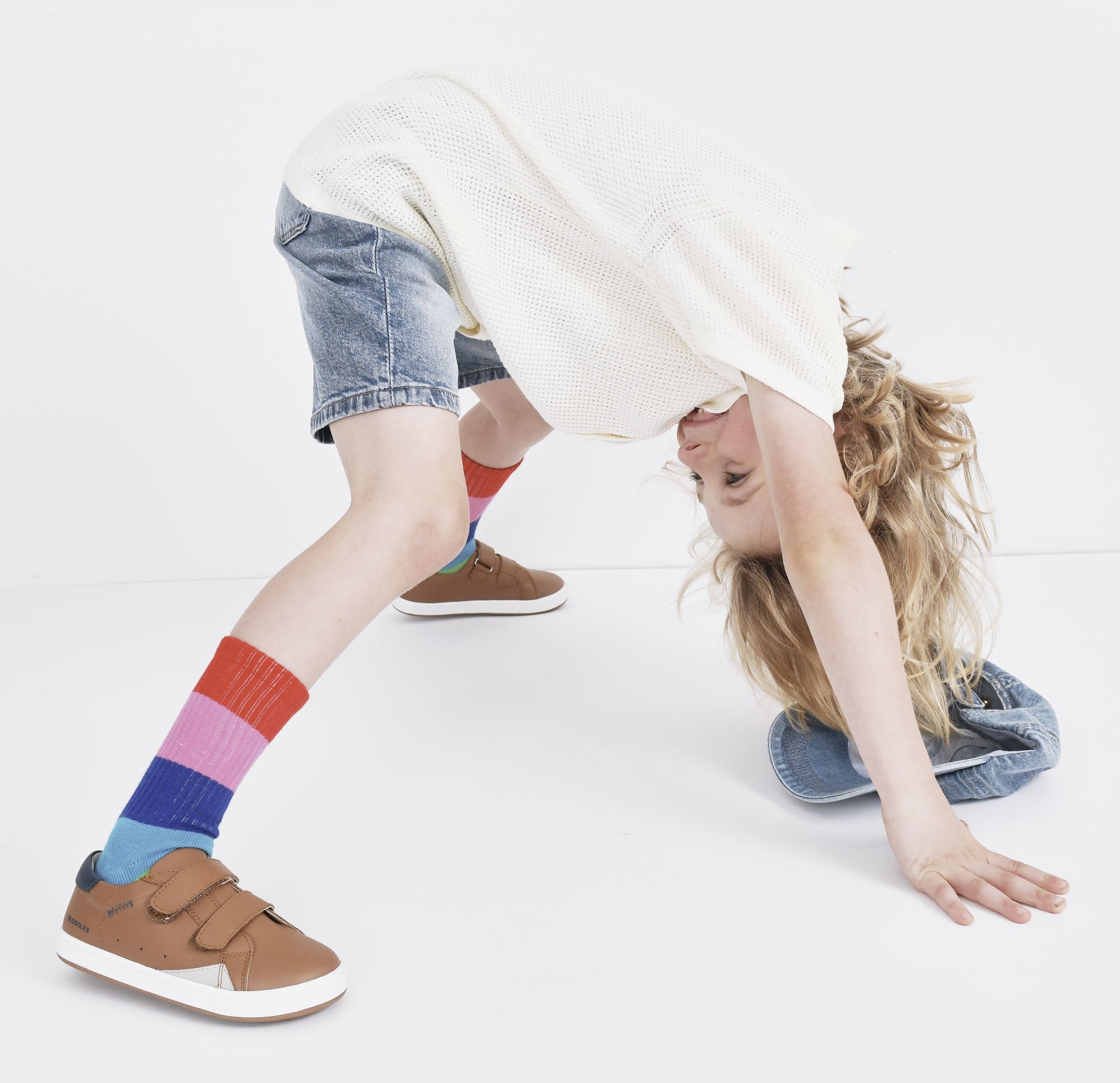 Old Soles 1073 Blade Kix kids leather sneaker in Tan Denim 4 with sporty detail