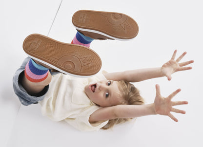Old Soles 1073 Blade Kix kids leather sneaker in Tan and Denim and Gris with sporty detail