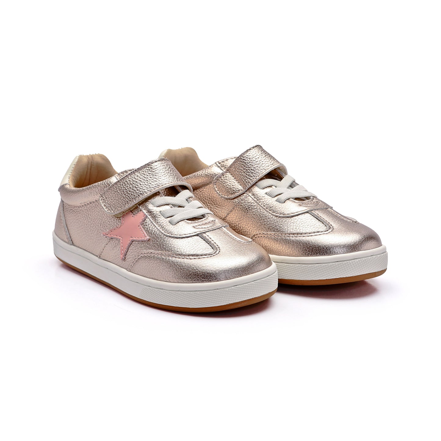Old Soles 1079 Retro Platinum kids leather shoe in Metal Lychee and Cipria and White with retro detail