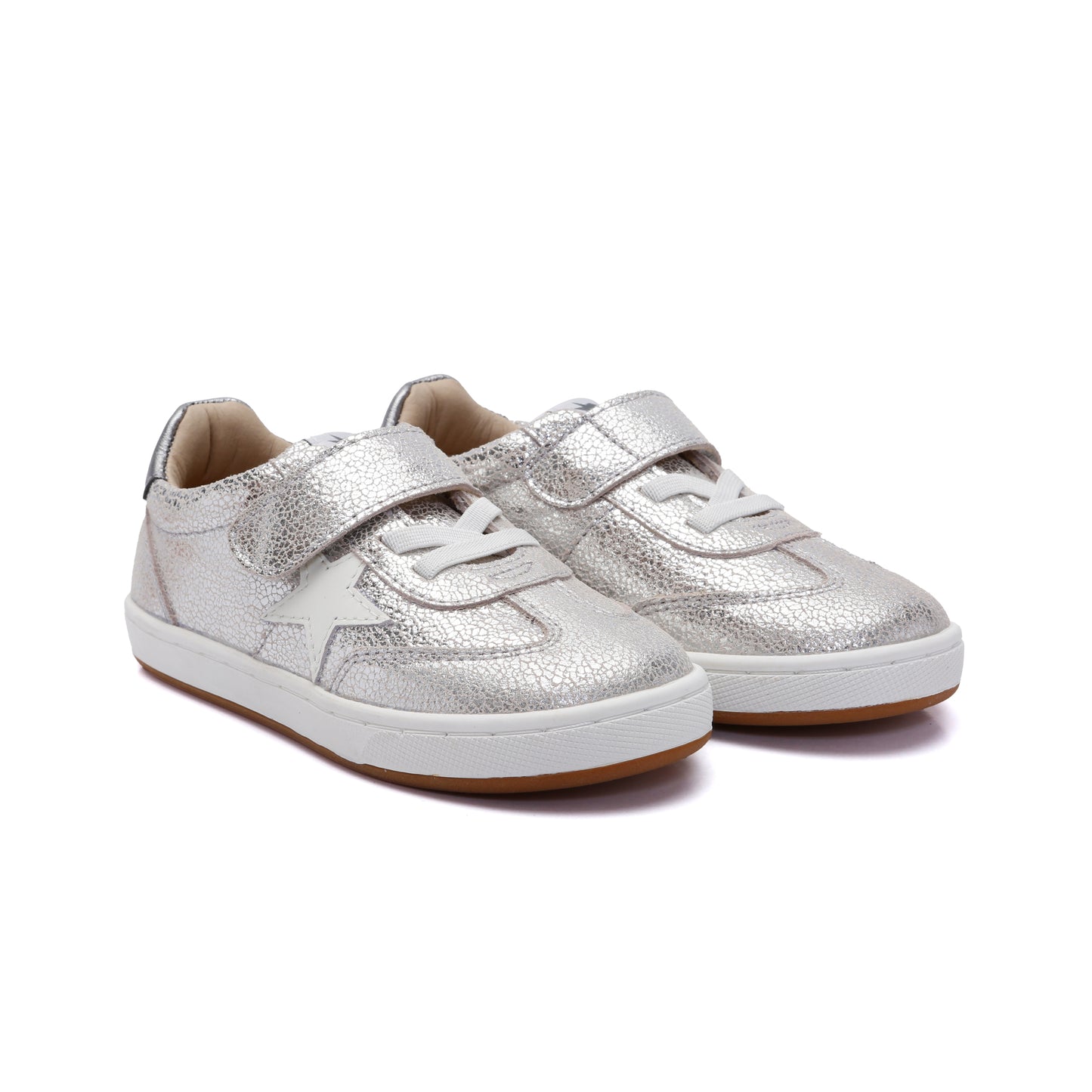 Old Soles 1079 Retro Platinum kids leather shoe in Silver Crackle and Rich Silver with retro detail
