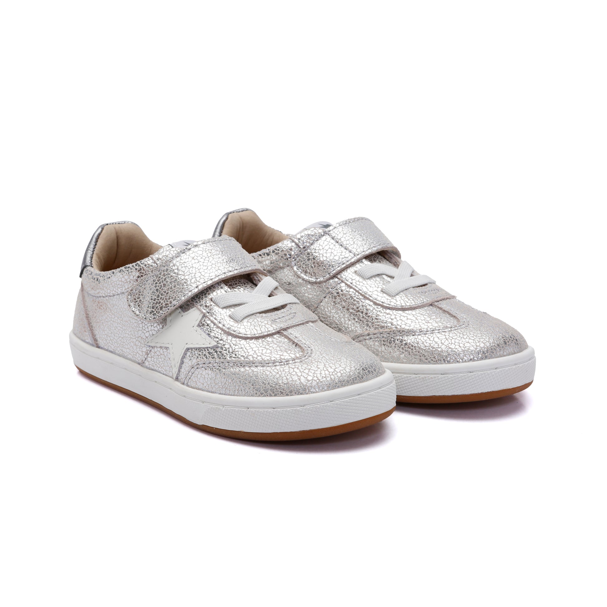 Old Soles 1079 Retro Platinum kids leather shoe in Silver Crackle and Rich Silver with retro detail