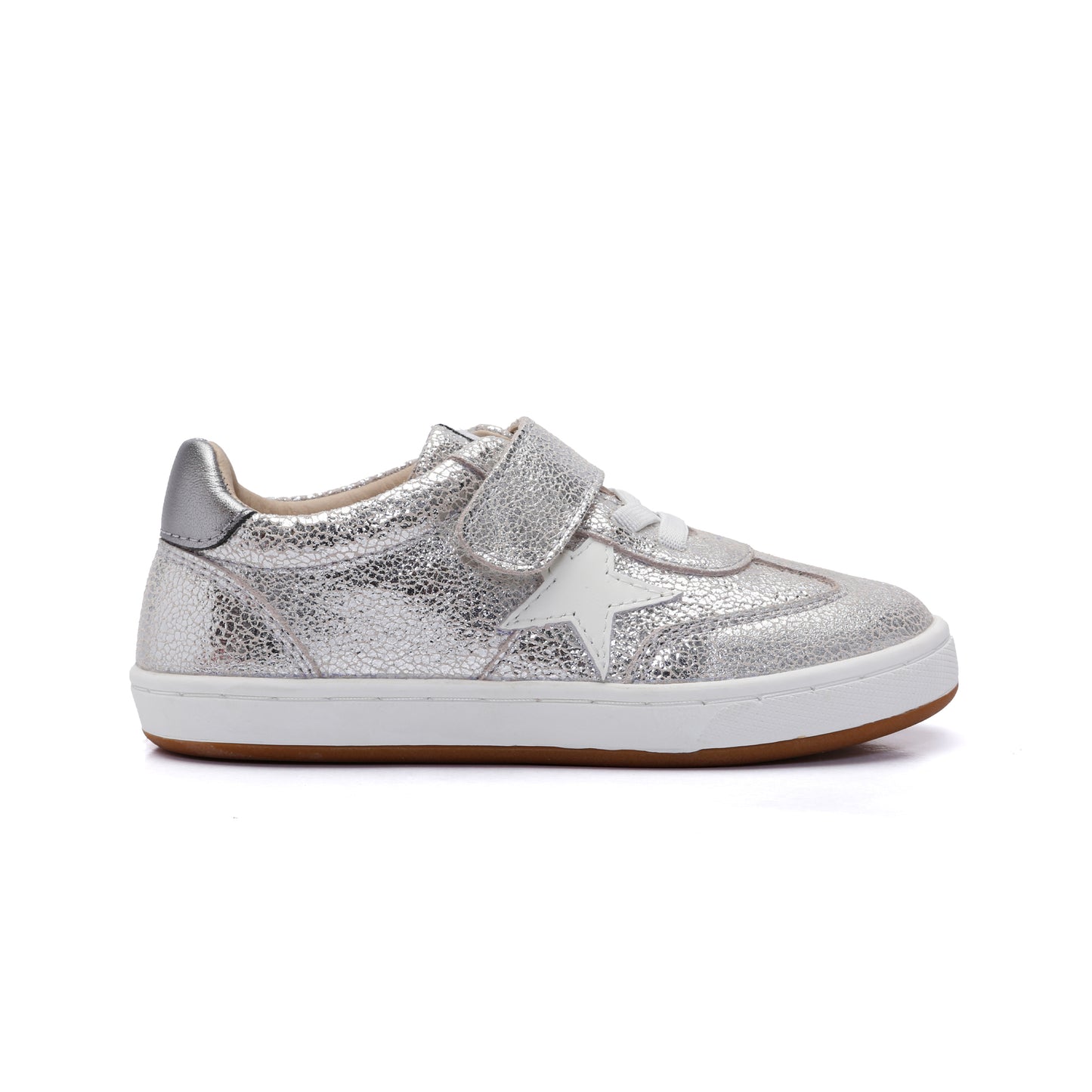 Old Soles 1079 Retro Platinum kids leather shoe in Silver Crackle and Rich Silver with retro detail
