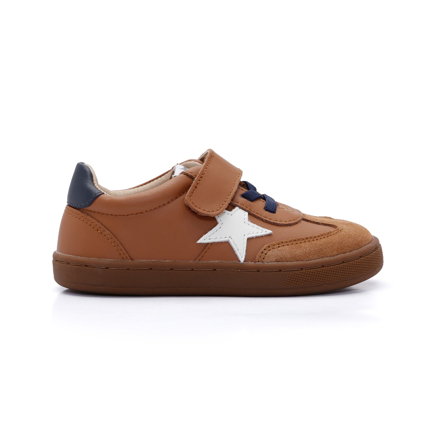 Old Soles 1079 Retro Platinum kids leather shoe in Tan and Navy and White with retro detail