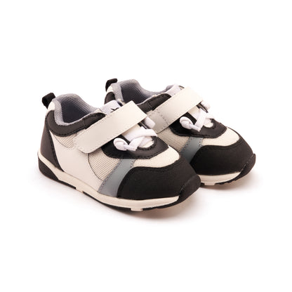 Old Soles 2118 Sporty Squad kids leather sneaker in Snow, Black, and Dusty Blue with sporty detail