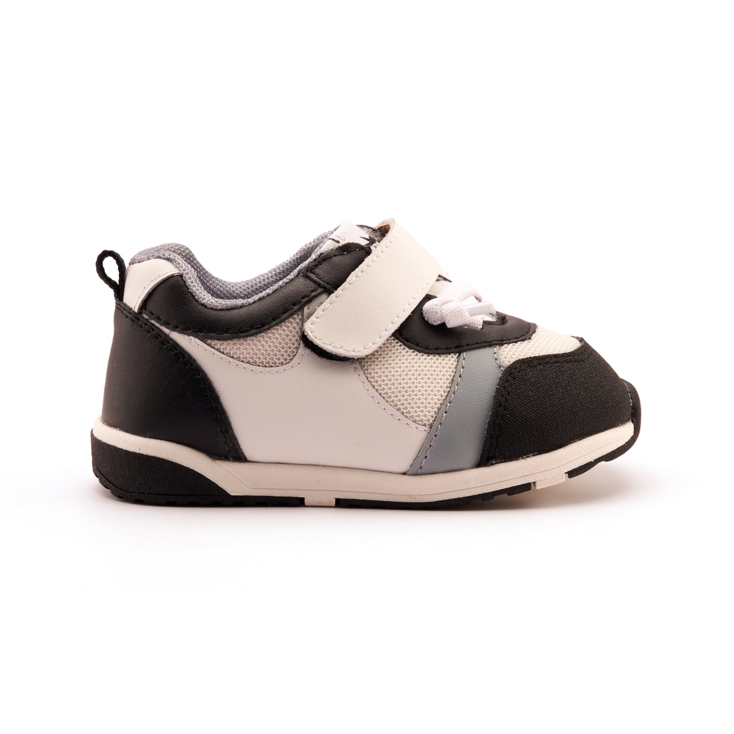 Old Soles 2118 Sporty Squad kids leather sneaker in Snow, Black, and Dusty Blue with sporty detail