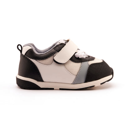 Old Soles 2118 Sporty Squad kids leather sneaker in Snow, Black, and Dusty Blue with sporty detail