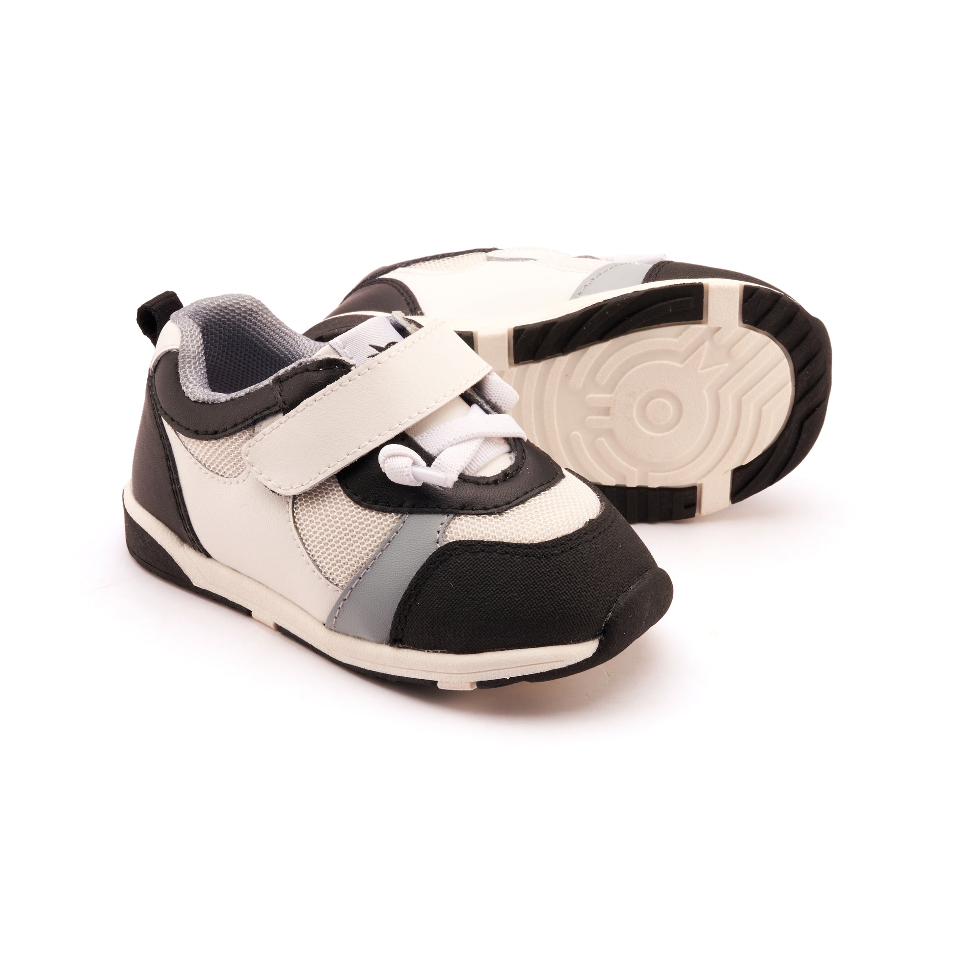 Old Soles 2118 Sporty Squad kids leather sneaker in Snow, Black, and Dusty Blue with sporty detail